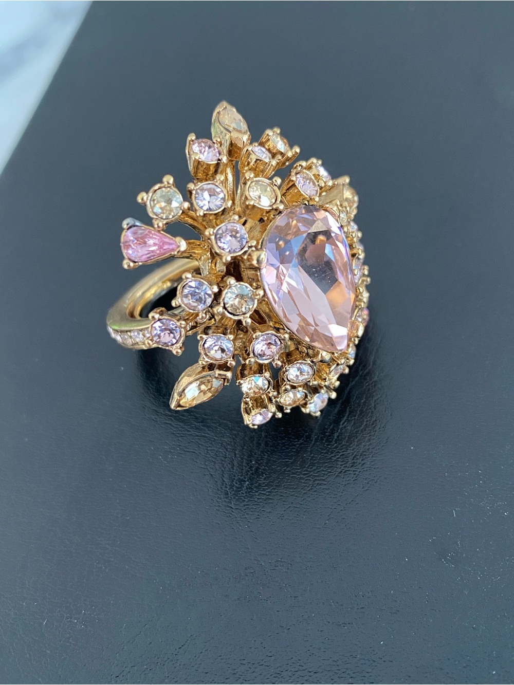 Oscar de la Renta Gold-tone Pink Crystal Floral Cocktail Ring